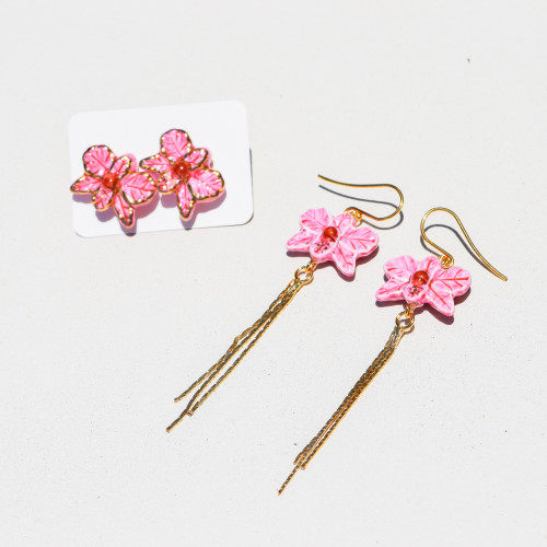 Golden String Pink Orchid Pendant Earrings 